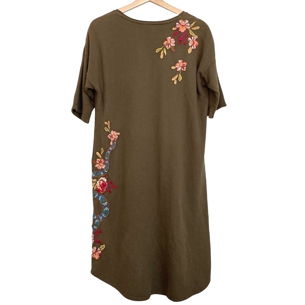 JOHNNY WAS Malui Floral Embroidered French Terry Sweatshirt Tunic Dress Brown - Picture 9 of 10